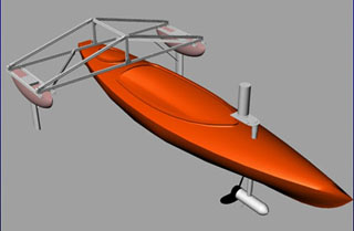 CAD rendering of project design, with kayak, outriggers, and motor.